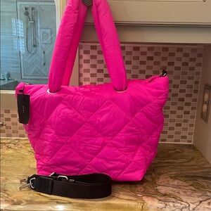 Zara Neon Pink Puffy Quilted Nylon Tote NWT